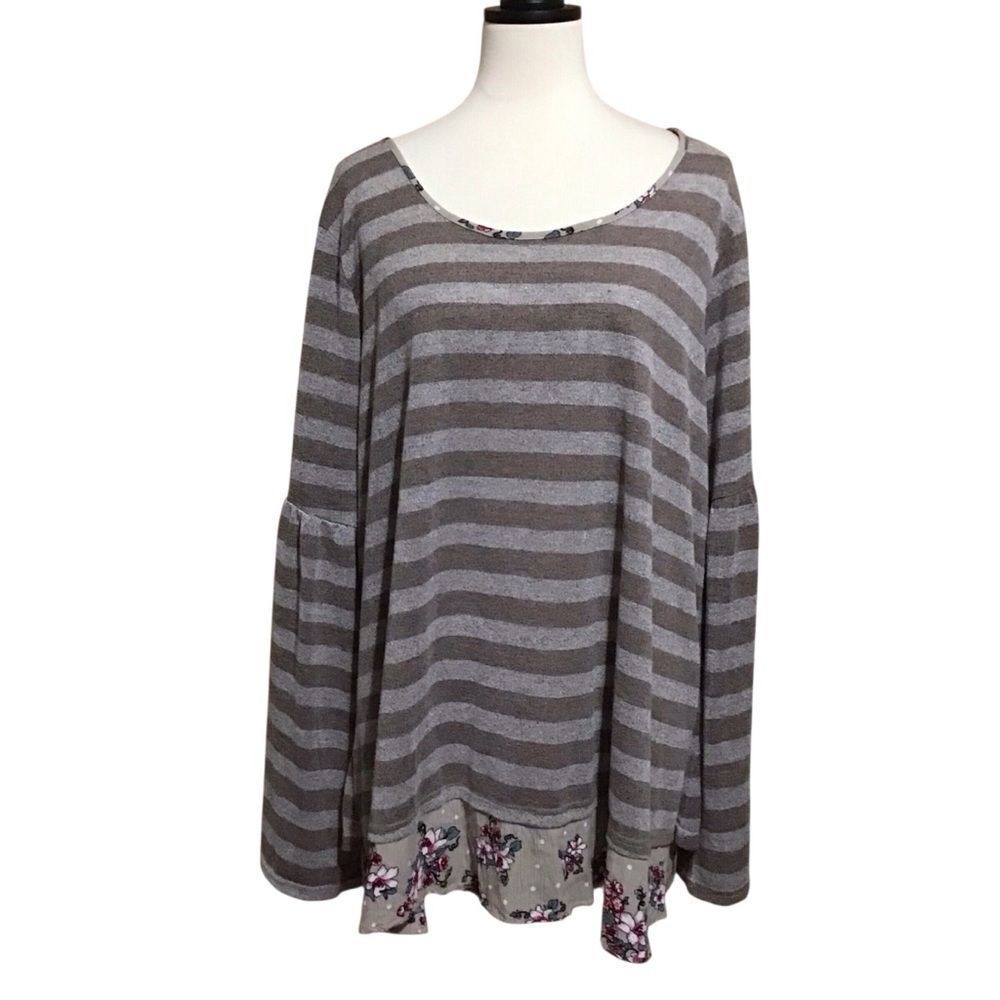 Suzanne Betro Striped Floral Flare Bell Sleeve Knit Top 3X